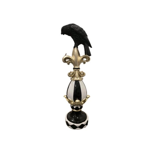 New Black & White Stripes Halloween Crow Perched Fleur de Lis Resin Decor Figure - Picture 3 of 4